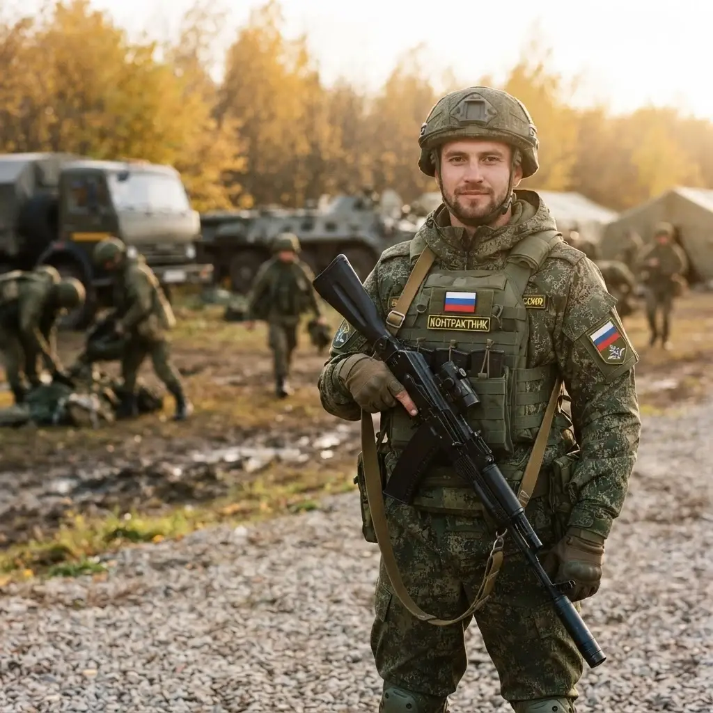 Военнослужащий по контракту на фоне полевого лагеря